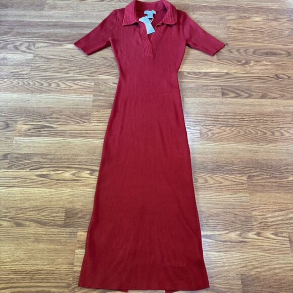 Caroline Constas Red Dress Knit Midi bodycon Crochet Collar size M - Picture 7 of 11